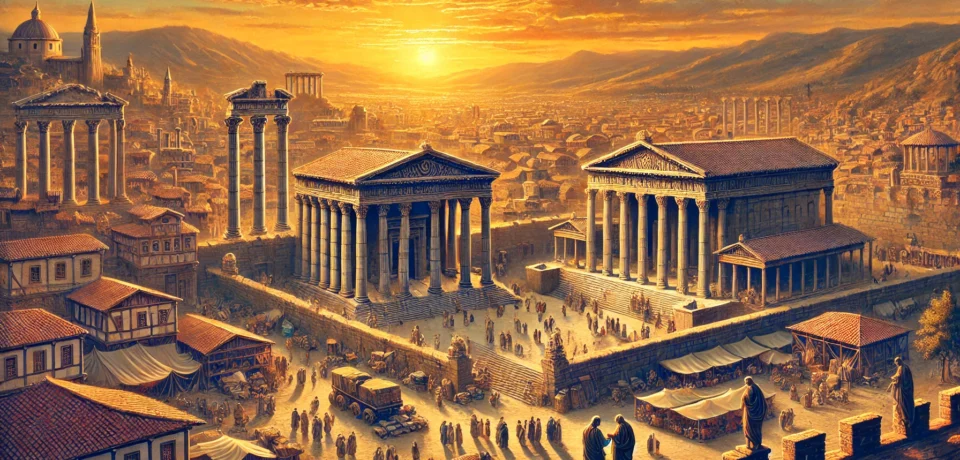 DALL·E 2025-02-28 09.49.46 - An ancient city of Pergamon in the Hellenistic period, featuring grand temples, bustling marketplaces, and fortified walls under a golden sunset. The