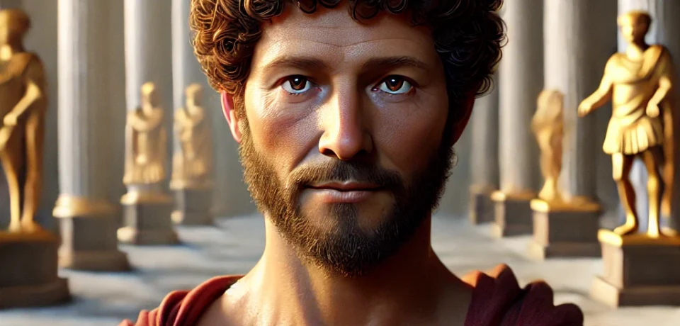 DALL·E 2025-03-13 15.20.38 - A realistic portrait of Marcus Aurelius, the Roman Emperor and Stoic philosopher. He has curly brown hair and a short beard, wearing a golden toga ove